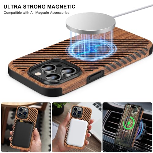 TENDLIN Magneitc etui kompatybilne z iPhone 15 Pro Max, etui o wyglądzie słojów drewna ze skórą, na zewnątrz, hybrydowe etui TPU (kompatybilne z MagSafe), drewno i skóra