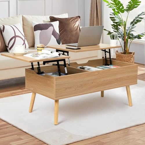 VOWNER Table Basse, Table Basse Réglable en Hauteur, Pull-Out, Table Basse Extensible, Compartiment de Rangement Séparé et Caché, Double Plateau Relevable,...