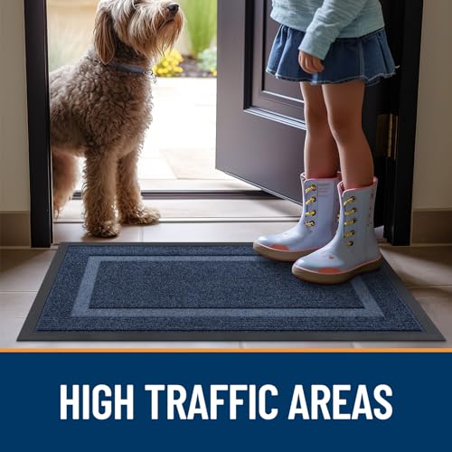 OLANLY Front Door Mat Indoor Outdoor Entrance, Waterproof All-Season, All-Weather Doormat, Sturdy Natural Rubber, Fade Resistant, Low Profile, Easy Clean Patio Porch Entryway Mat, 47x32, Blue