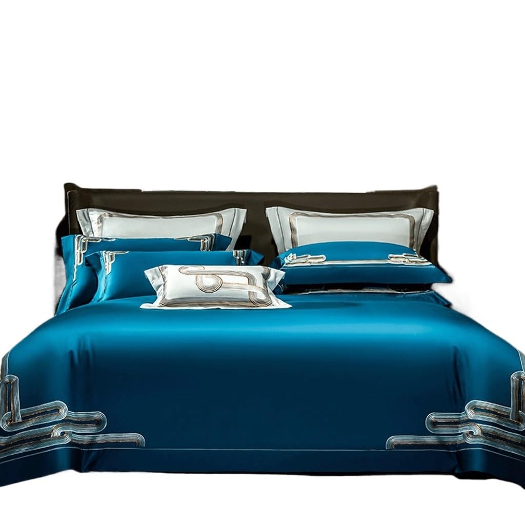 Ropa de cama de satén de algodón juego de 4 piezas bordadas azul de 200x230cm