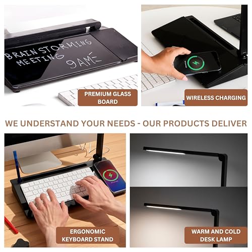 Image of Garood Glass Desktop Whiteboard with Storage (Black) Wireless Charger and LED Light Desk Whiteboard Desktop Glasasboard Desk top Board Desk Dry Erase Board Phone Holder 15.8X7X2 in