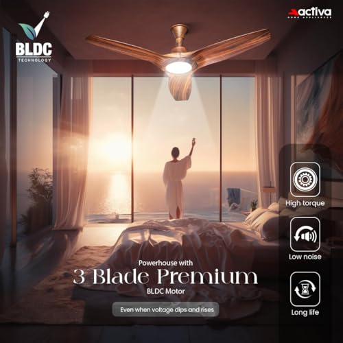 Image of ACTIVA Silentair 1200mm BLDC Ceiling Fan with LED Light & Remote | 28W BEE 5 Star Fan | High Speed Airflow | Silent Operation | Premium Decorative Ceiling Fan for Home & Office | (Wooden Finish)