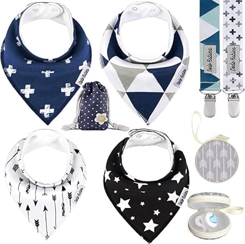 Dodo Babies Baberos para Bebés, 4 Baberos de Niño y 2 Porta chupetes, Estuche, Bolsa de Regalo, Baberos Absorbentes de Algodón Suave y Poliéster, Baberos con Botones Ajustable para Niño de 3-24 meses Cover