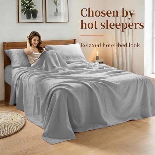 Image of 100% Pure Linen Sheet Set for Hot Sleepers, Breathable Natural Linen Sheets 4pcs, Bedding Set Deep Pocket Up to 16 inch Moisture-Wicking, Softens with Every Wash (Gray King)