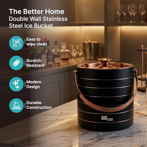 Image of The Better Home Stainless Steel Ice Bucket with Lid & Tong 1500ml | Double Wall Insulated Ice Bucket for Bar, Parties & Cocktails - Matte Black & Rose Gold