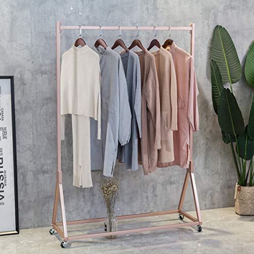 FURVOKIA Modern Simple Heavy Duty Metal Rolling Garment Rack with WheelRetail Display Clothing RackWrought Iron Single Rod Floor-Standing Hangers Clothes Shelves Rose Gold Square Tube 472 L