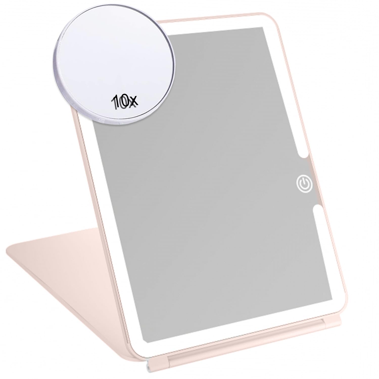 ATEK Rechargeable Makeup Mirror with Lights, with 10X Mini Magnification & 3 Color LED Lighting Dimmable Touch Screen Portable Cosmetic Tabletop Light Up Mirror for Home and Travel (Pink)