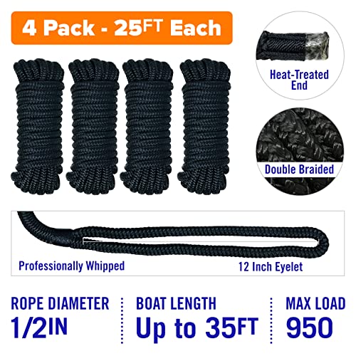 Image of Dock Lines for Boats 1 /2 inch x 25ft, 4 Pack Double Braided Nylon Boat Rope