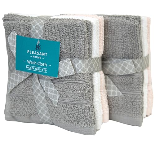 Image of PH Pleasant Home Ribbed Wash Cloths Set - 12 Pack (12 inch x 12 inch) - 509 GSM - 100% Ring Spun Cotton Wash Cloth - Super Soft and Highly Absorbent Face Towels (Light Grey, White & Pink)