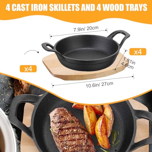 Sliner 4 Sets Mini Cast Iron Skillet Small Cast Iron Plates Skillet with Wooden Base Small Round Pan Fajita Plate Pot for Baking Cooking(7.9 Inches) by Sliner - Image 2