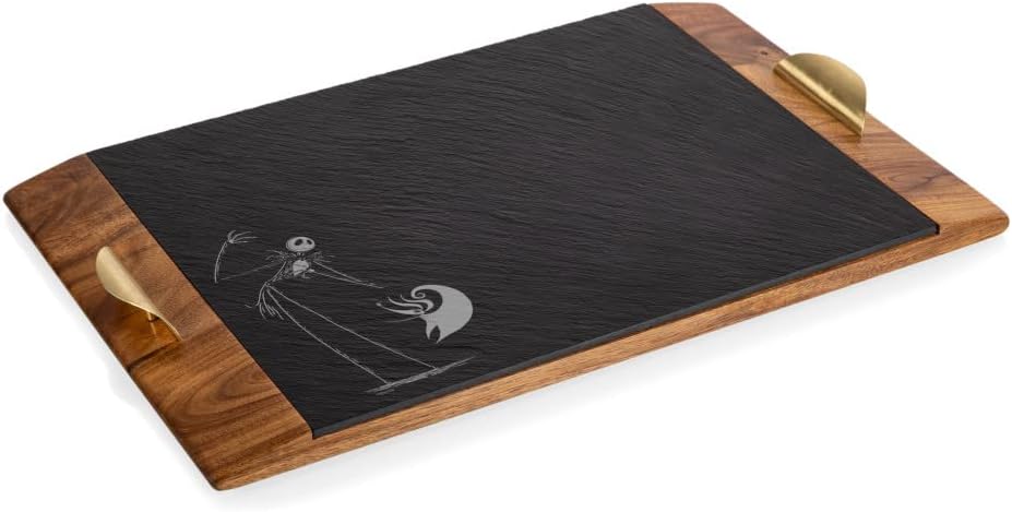 Picnic TIME Disney Nightmare Before Christmas Jack & Zero Covina Acacia and Slate Serving Tray, Charcuterie Board Set, Cheese Board, (Acacia Wood & Slate Black with Gold Accents)