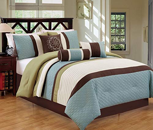 JBFF 7 Piece Bed in Bag Microfiber Luxury Comforter Set, Queen, Sage/Coffee