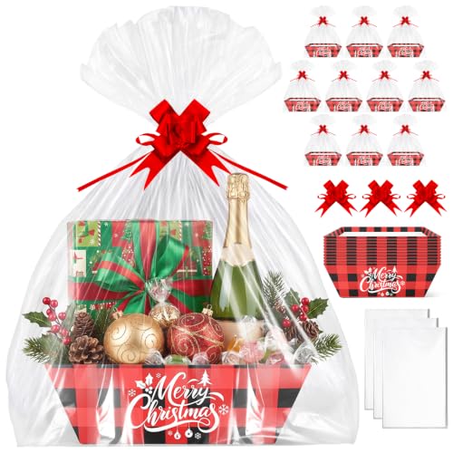 AFOROEOA 10PACK red Plaid Christmas Gift Baskets Empty, Baskets For Gifts Empty 10x12”Thick Gifts Basket with 10 Bows 10 Bags Gift Basket for Christmas Xmas Wedding Birthdays Party Wrapping