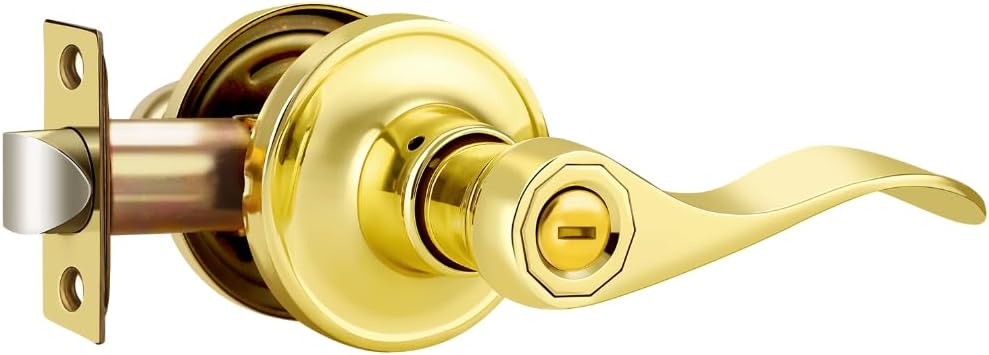 Polished Brass Door Handles Interior, Drop-Style Bathroom Bedroom Door Knob, Gold Privacy Lever Door Handle Keyless, Reversible Handle, 1 Pack, Zinc Alloy
