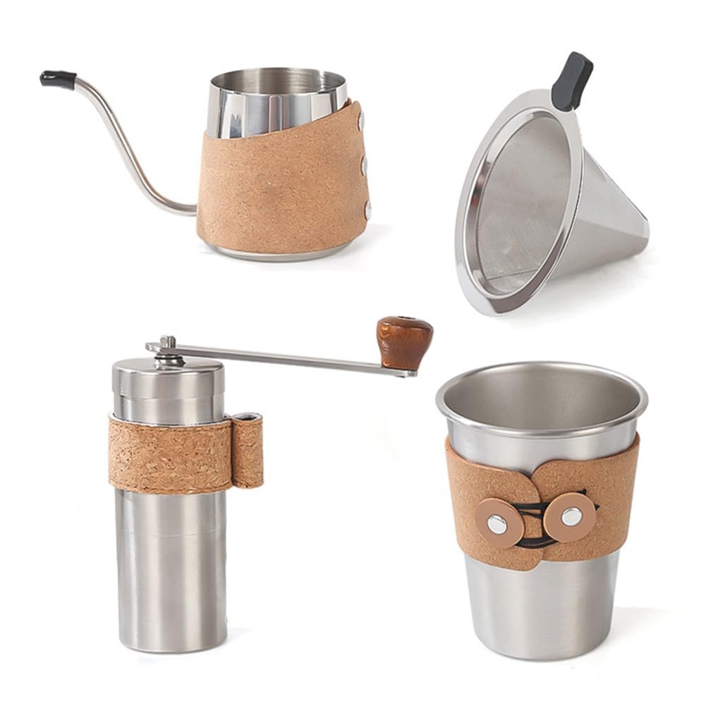 FACAIIO Ensemble de café complet comprenant un pot en acier inoxydable, une tasse, un entonnoir à filtre et un moulin en liège, pour la maison ou le bureau