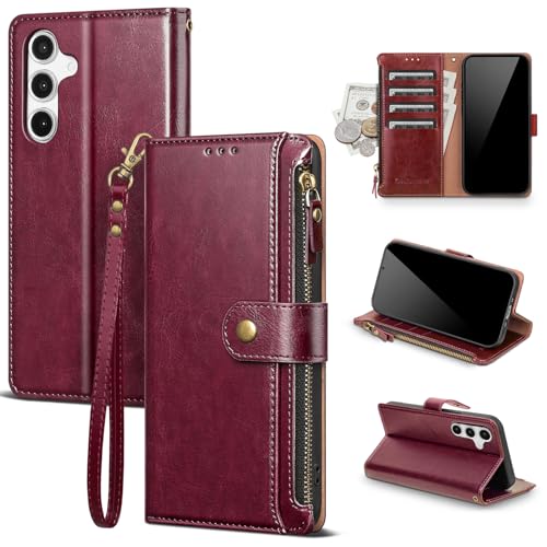 Scutumate Compatible with Samsung Galaxy A14 5G Wallet Case with Card Holder RFID Blocking Zipper PU Leather Phone Case Flip Protective Cover with Wrist Strap Credit Card Slots Men Women,Wine Red