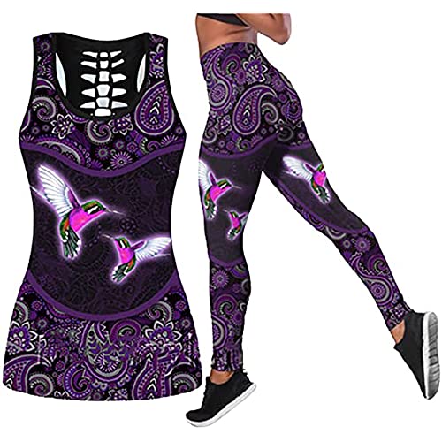SHIXUE Yoga Sport Set Hummingbird Mandala 3D Print Hollow Tank Top Workout Outfits Übung Tracksuit Radsportsportweste und Leggings Stretch-Fit-Fitness-Kee-Set,Set,3XL Cover