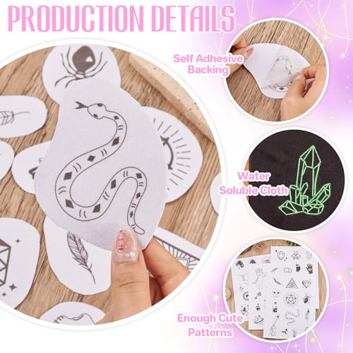 Image of Magibeads 52 Patterns Witchy Water-Soluble Embroidery Moon Spider Cow Dreamcatcher Stick and Stitch Embroidery Paper Starter Kit for Hand Sewing Beginners Adult