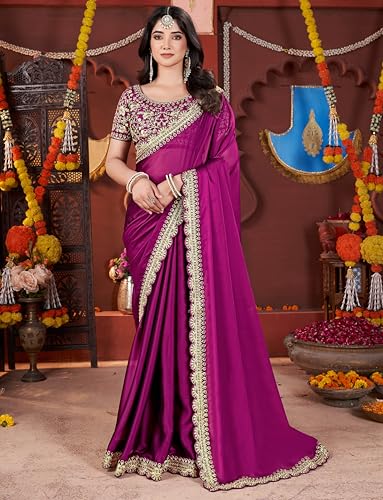 Image of DHARMEE Women's Elegant Designer Sarees Premium Rangoli Fabric with Embellished Border, Lightweight and Stylish Ethnic Wear - Perfect for Parties, Weddings, and Festive Occasions..