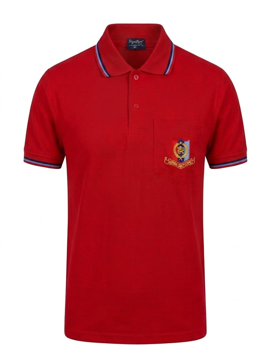 NCC Red Polo T-Shirt for Men and Women, with Embroidered Crest and Back Print-image-0