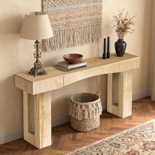 Image of 63 Inch Long Entryway Table Hollow, Wooden Console Table with Socket Farmhouse Sofa Table for Entrance, Hallway, Living Room,Behind Couch(Natural Brown)