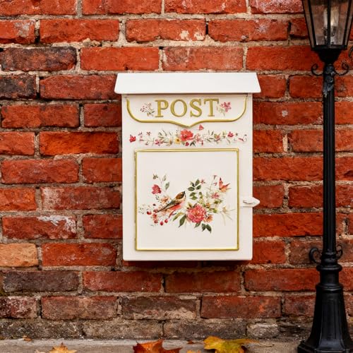 Image of Mailbox Wall Mount Mailboxes for Outside Vintage Mail Boxes for House Outside Metal Drop Box Antique Style Nostalgic Charm Home Decorative, Flower Pattern Pink