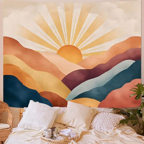 Lunerfex Abstract Mountain Tapestry - Sunburst Layered Hills Wall Hanging - Modern Boho Aesthetic Decor 60'x44'