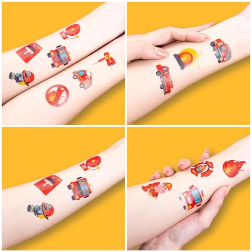 Image of 96 PCS Firefighter Firetruck Pre-Cut Temporary Tattoos for Kids | | Super Cute Themed Birthday Party Favors, Supplies, Decorations, Fake Tattoo Stickers Rewards & Gifts For Boys & Girls
