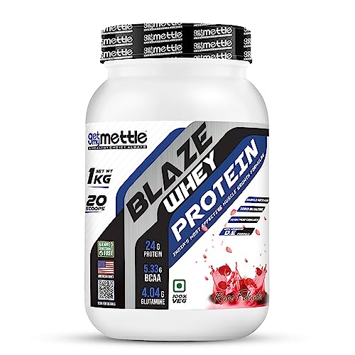 Getmymettle Blaze Whey Protein 1kg Rose Falooda Flavor, 24g Protein, 10.66g BCAA, 8.09g Glutamine. Supports Lean Muscle, Recovery, Ideal for Athletes