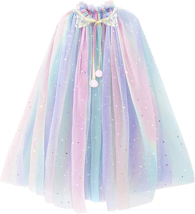 Image of Princess Cape for Girls - Colorful Sequin Cloak with Crown and Wand for Birthday, Halloween, Fancy Dress & Carnival