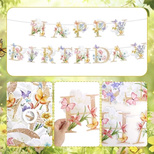 Image of Hooqict Happy Birthday Banner Flower Butterfly Birthday Party Decorations Boho Floral Banner Garland Sign for Girls Women 1st 16th 21st 30th 50th 60th Spring Wildflower Garden Party Decorations