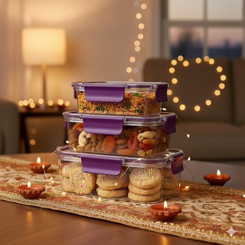 Image of PEARLPET Luxeseal Airtight Food Storage Containers | 3-Piece Rectangular Jar Set | 400ml, 900ml, 1600ml | BPA-Free PET, Stackable, Festive Gift Set, Purple