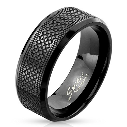Jinique STR-0418 Stainless Steel Diamond Grooved Black IP Ring