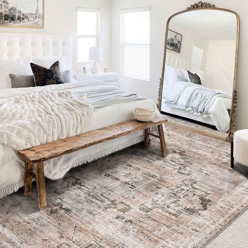 GENIMO 6x9 Area Rugs for Living Room, Machine Washable Non Slip Vintage Retro Rugs, Low Pile Lightweight Thin Print Rug for Bedroom, Dining Room, Home Office, Brownishi Drab