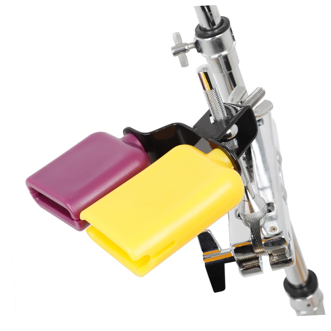 Yardwe Yellow and Purple Wooden Fish Cow Bell High and Low Pitch Cattle Percussion Instrument for Musical Rhythm Development Durable Bracket Fun