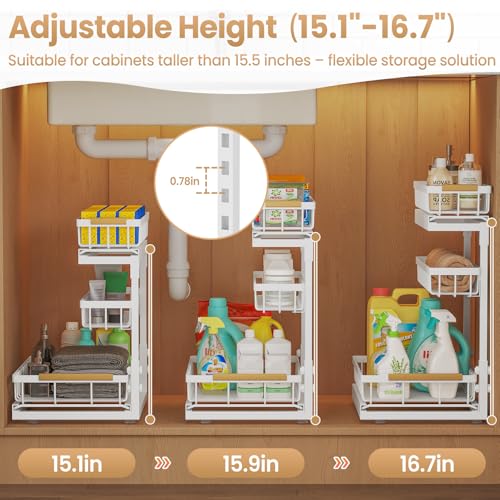 Image of Under Sink Organizer and Storage for Bathroom and Kitchen - 1 Pack 3 Tier | Cabinet Pull Out Shelf Organizers - Slide Out Drawer Organization for Home Cabinets Shelves and Drawers