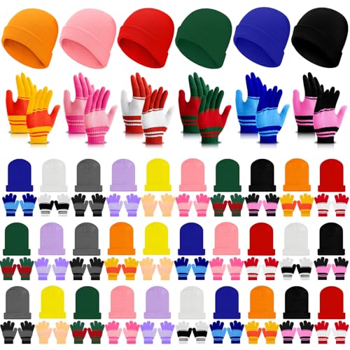 Image of Xtinmee 100 Pcs Kids Winter Beanie and Gloves Bulk Warm Knit Hat Stretchy Full Fingers Gloves Pack Unisex Cold Weather Set
