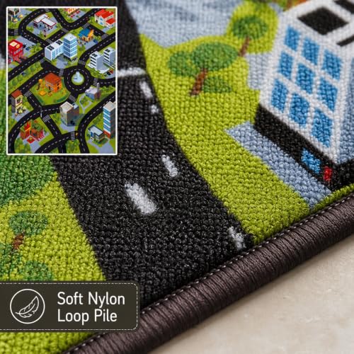 Image of Matz&More Kids Play Area Rug | 100x150 cm | Green Kids Track Adventure Design | Soft Nylon Loop Pile Carpet with Anti-Slip Backing | Children's Play, Bed & Classroom Floorings