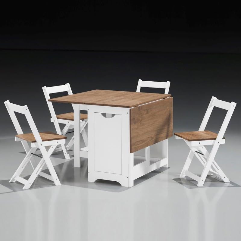 Buyqualia Set de Mesa Plegable con Tapa Color safir y Patas Blancas + 4 sillas Plegables – con alas abatibles y Espacio de almacenaje para Las sillas - 115x95x76 cm
