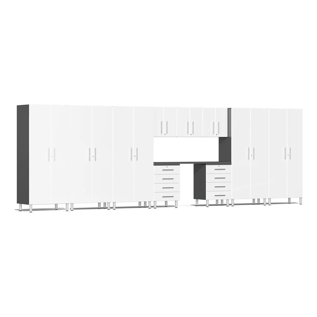Ulti-MATE UG23111W 11-Piece Garage Cabinet Kit with Channeled Worktop in Starfire White Metallic
