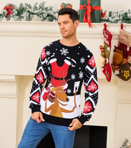 Cozople Ugly Christmas Sweater for Men Funny Light Up Knitted Xmas Reindeer Pullover Jumpers for Party New Year3