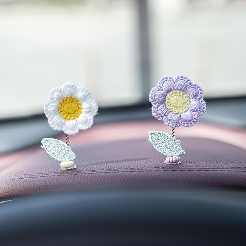 5-Pack Crochet Flower Car Ornaments - Handmade Bobbing Flowers in Purple, Pink, White, Orange, Charming Dashboard & Rearview Mirror Decor, for Home or Office, 2.09 x 1.3 Inches