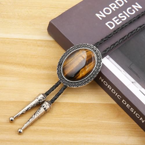 Image of Bolo Tie for Men Women Cowboy Turquoise Celtic Natural Tiger Eye Stone Longhorn Bull Western Leather Bolo Necktie
