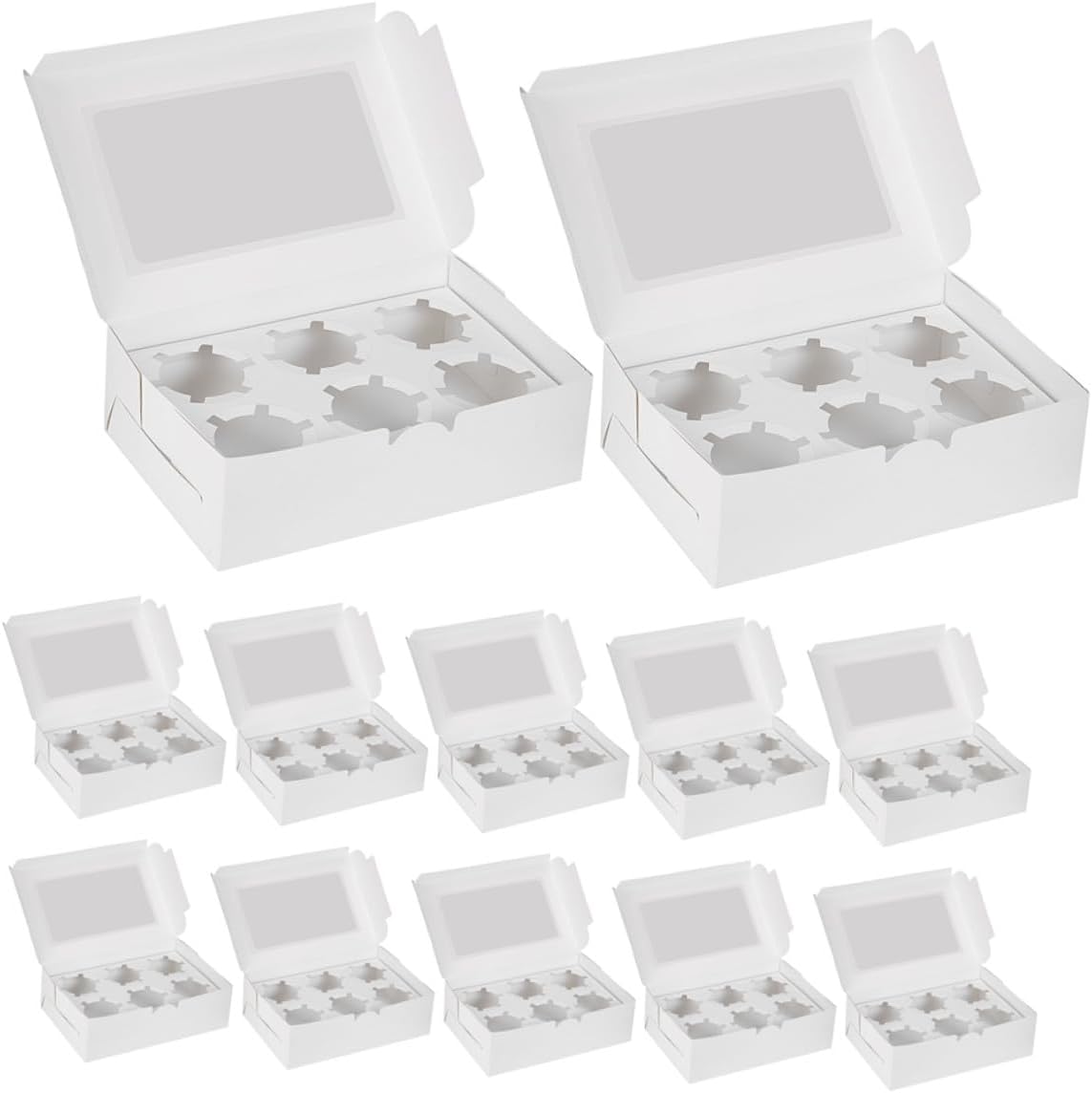 SUPVOX 15pcs Paper Cupcake Boxes with Window, 6-cupcake Carrier Containers, White Cardboard Mini Cake Boxes for Birthday Party Baking Supplies