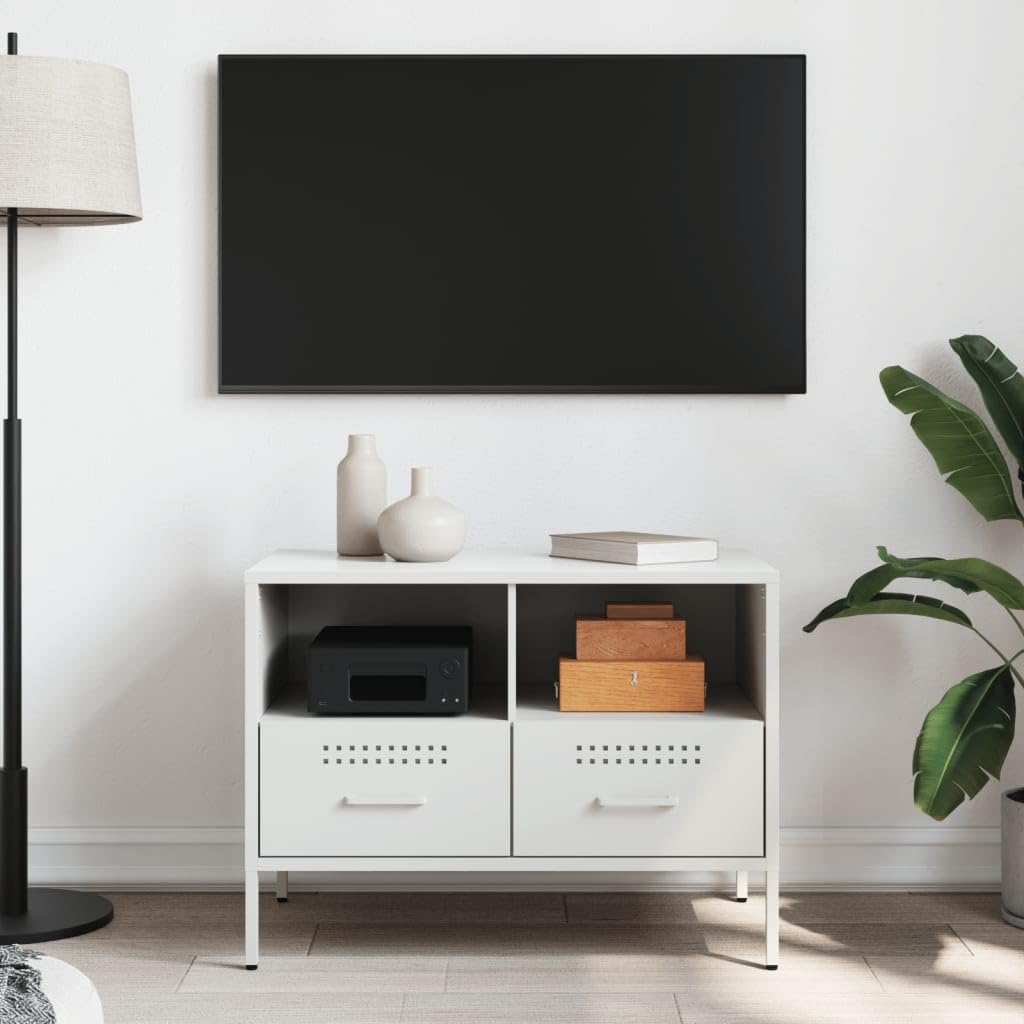 Genérico Mueble TV Blanco 68 x 39 x 50,5 cm Acero | Patas regulables, almacenamiento revistas, fácil limpieza, fijación de pared incluida