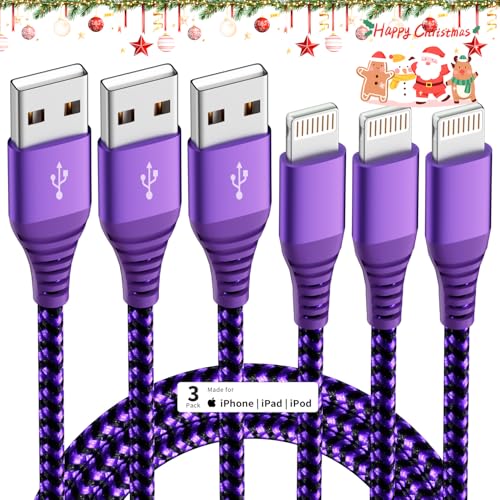 [MFi Certified] iPhone Charger, 3Pack 6FT Lt Cable Nylon Braided iPhone Charger Cord Compatible with iPhone14/13/12/11/Pro Max/XR/XS/X/8/7/6, iPad and More - Purple& Black