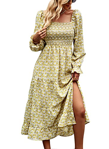 Butrends Femme Robes Fleuries Automne Elégantes Robes midi à Manches Longues Ruffles Boho Robes Maxi Femmes Casual Wrap Robes de Cocktail à Manches Longues Cover