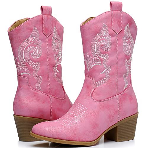 Image of GLOBALWIN Women's Mid Calf The Western Cowgirl Boots Fashion Cowboy Boots For Women Chunky Low Heel