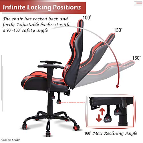 FERGHANA Ergonomic Racing Style PC Game Computer Chair,Video Gaming Chair with Massage Lumbar Pillow,Seat Height Adjustable,160°Recliner,Headrest for Teens Adults(Tango Red)