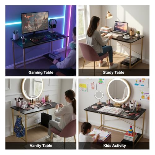 Image of RIZIK Store Folding Study Table | 36 inchx24 inch Computer Desk with Laminated Top & Metal Frame | Home Office, Bedroom, Study & Kids Room Warranty Protected (Marble Black & Gold)